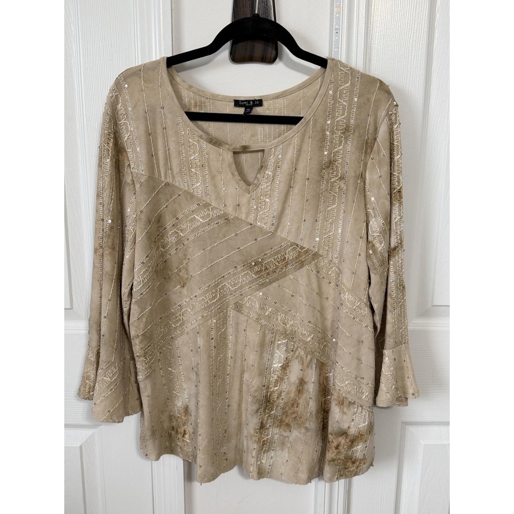 Sami & Jo Top Womens PXL Beige Sequin 3/4 Bell Sleeve Knit Tunic Blouse